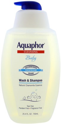 Aquaphor, Baby Wash & Shampoo, Natural Chamomile Essence, Fragrance Free, 25.4 fl oz (750 ml) ,حمام، الجمال، هلام الاستحمام، الاطفال غسل الجسم، استحمام الطفل هلام، الشعر، فروة الرأس، الشامبو، مكيف