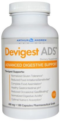 Arthur Andrew Medical, Devigest ADS, Advanced Digestive Support, 400 mg, 180 Capsules ,والمكملات الغذائية، والإنزيمات الهاضمة