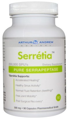 Arthur Andrew Medical, Serretia, Pure Serrapeptase, 500 mg, 90 Capsules ,المكملات الغذائية، الإنزيمات، أرثر أندرو الطبية سيريا، سيرابيبتاس