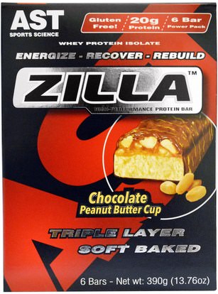 AST Sports Science, Zilla Protein Bars, Chocolate Peanut Butter Cup, 6 Bars - 13.76 oz (390 g) ,والرياضة، والبروتين أشرطة