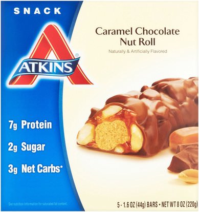 Atkins, Advantage, Caramel Chocolate Nut Roll, 5 Bars, 1.6 oz (44 g) Each ,المكملات الغذائية، الحانات الغذائية، يموت