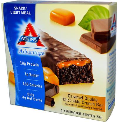 Atkins, Advantage, Caramel Double Chocolate Crunch Bar, 5 Bars, 1.6 oz (44 g) Each ,المكملات الغذائية، الحانات الغذائية، يموت