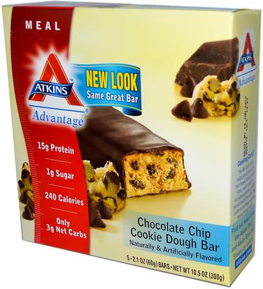 Atkins, Advantage, Chocolate Chip Cookie Dough Bar, 5 Bars, 2.1 oz (60 g) Each ,الطعام، الوجبات الخفيفة، وجبات خفيفة صحية، ديت