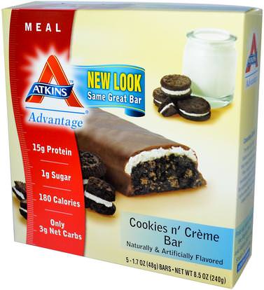 Atkins, Advantage, Cookies n Creme Bar, 5 Bars, 1.7 oz (48 g) Each ,المكملات الغذائية، الحانات الغذائية، يموت