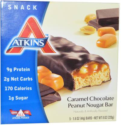 Atkins, Caramel Chocolate Peanut Nougat Bar, 5 Bars, 1.6 oz (44 g) Each ,المكملات الغذائية، الحانات الغذائية، يموت