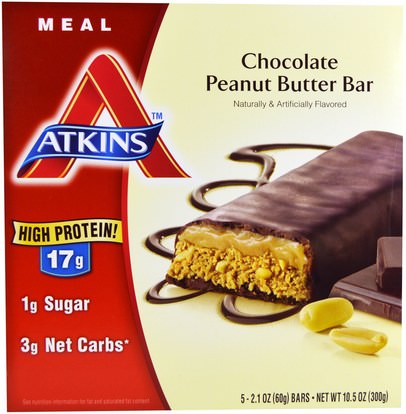Atkins, Chocolate Peanut Butter Bar, 5 Bars, 2.1 oz (60 g) Each ,المكملات الغذائية، الحانات الغذائية، يموت