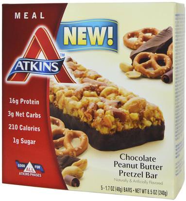Atkins, Chocolate Peanut Butter Pretzel Bar, 5 Bars, 1.7 oz (48 g) Each ,الطعام، الوجبات الخفيفة، الوجبات الصحية الصحية، المكملات الغذائية، الحانات الغذائية
