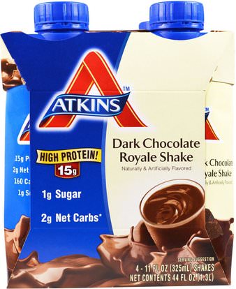 Atkins, Dark Chocolate Royale Shake, 4 Shakes, 11 fl oz (325 ml) Each ,الصحة، ديت