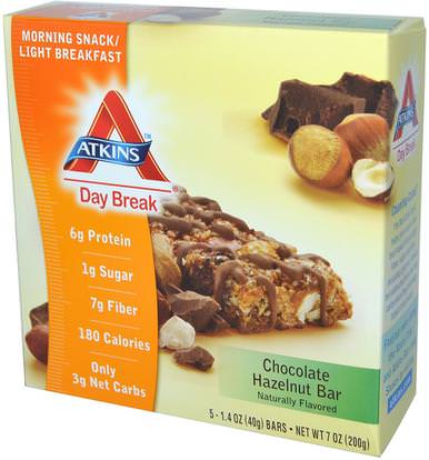 Atkins, Day Break, Morning Snack / Light BreakfastChocolate Hazelnut Bar, 5 Bars, 1.4 oz (40 g) Each ,الطعام، الوجبات الخفيفة، الوجبات الخفيفة الصحية، استراحة يوم أتكينز