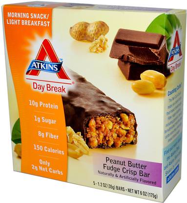 Atkins, Day Break, Peanut Butter Fudge Crisp, 5 Bars, 1.2 oz (35 g) Each ,المكملات الغذائية، الحانات الغذائية، أتكينز استراحة اليوم
