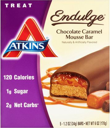 Atkins, Endulge, Chocolate Caramel Mousse Bar, 5 Bars, 1.2 oz (34 g) Per Bar ,الطعام، الوجبات الخفيفة، الوجبات الخفيفة الصحية، أتكينز إندولج