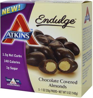 Atkins, Endulge, Chocolate Covered Almonds, 5 Packs, 1 oz (28 g) Each ,الطعام، الوجبات الخفيفة، حلوى، أتكينز، إندولج