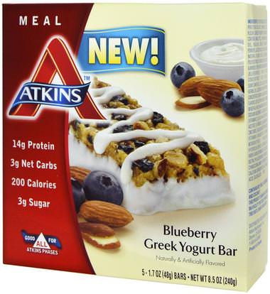 Atkins, Greek Yogurt Bar, Blueberry, 5 Bars, 1.7 oz (48 g) Each ,المكملات الغذائية، الحانات الغذائية، يموت