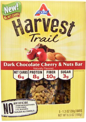 Atkins, Harvest Trail, Dark Chocolate Cherry & Nuts Bar, 5 Bars, 1.3 oz (38 g) Each ,الطعام، الوجبات الخفيفة، وجبات خفيفة صحية