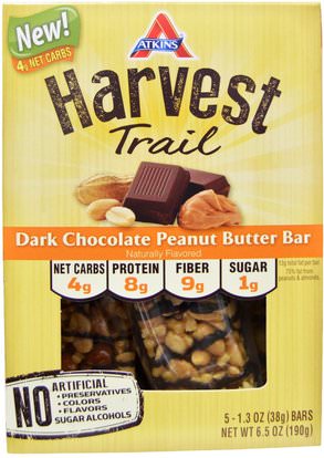 Atkins, Harvest Trail, Dark Chocolate Peanut Butter Bars, 5 Bars, 1.3 oz (38 g) Each ,الطعام، الوجبات الخفيفة، وجبات خفيفة صحية