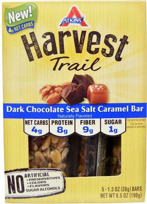 Atkins, Harvest Trail, Dark Chocolate Sea Salt Caramel Bar, 5 Bars, 1.3 oz (38 g) Each ,الطعام، الوجبات الخفيفة، وجبات خفيفة صحية