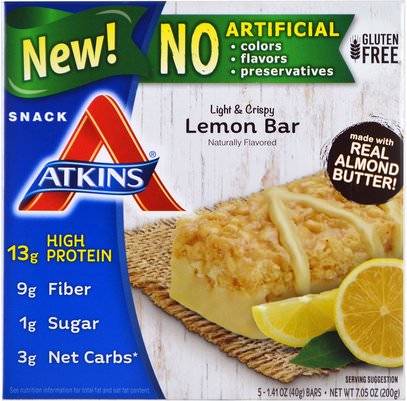 Atkins, Light & Crispy Lemon Bar, 5 Bars, 1.41 oz (40 g) Each ,المكملات الغذائية، الحانات الغذائية