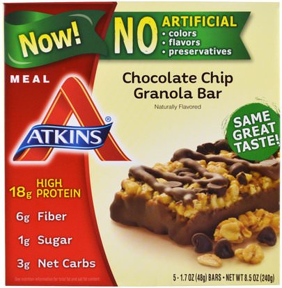 Atkins, Meal, Chocolate Chip Granola Bar, 5 Bars, 1.7 oz (48 g) Each ,الطعام، الوجبات الخفيفة، قضبان غرانولا، وجبات خفيفة صحية