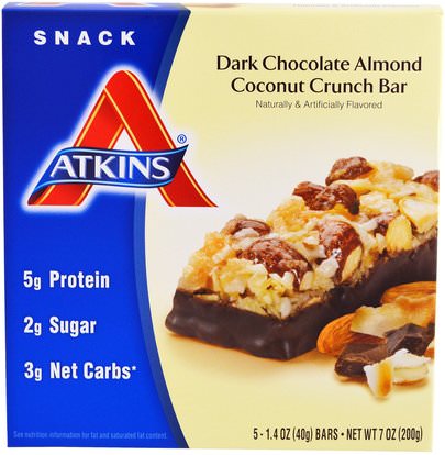 Atkins, Snack, Dark Chocolate Almond Coconut Crunch Bar, 5 Bars, 1.4 oz (40 g) Each ,الطعام، الوجبات الخفيفة، وجبات خفيفة صحية، ديت