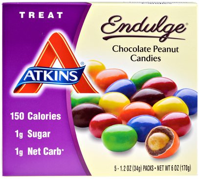 Atkins, Treat Endulge, Chocolate Peanut Candies, 5 Packs, 1.2 oz (34 g) Each ,الطعام، الوجبات الخفيفة، حلوى، أتكينز، إندولج