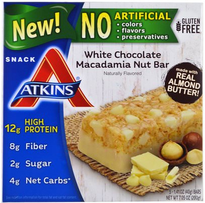 Atkins, White Chocolate Macadamia Nut Bar, 5 Bars, 1.41 oz (40 g) Each ,المكملات الغذائية، الحانات الغذائية
