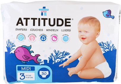 ATTITUDE, Diapers, Midi 3, 11-24 lbs (5-11 kg), 30 Diapers ,صحة الأطفال، حفاضات، حفاضات المتاح