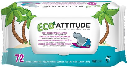 ATTITUDE, Eco Wipes, Fragrance-Free, 72 Wipes ,صحة الطفل، حفاضات، مناديل الطفل