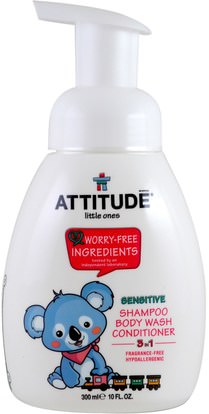 ATTITUDE, Little Ones, 3 in 1 Shampoo, Body Wash, Conditioner, Fragrance Free, 10 fl oz (300 ml) ,حمام، جمال، شامبو، شامبو أطفال، مكيفات، مكيفات هواء للأطفال