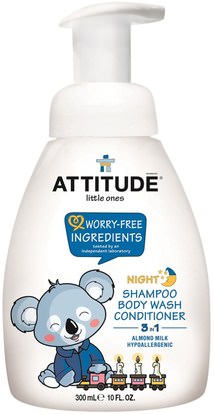 ATTITUDE, Little Ones, 3 in 1 Shampoo, Body Wash, Conditioner, Night, Almond Milk, 10 fl oz (300 ml) ,حمام، جمال، شامبو، شامبو أطفال، مكيفات، مكيفات هواء للأطفال