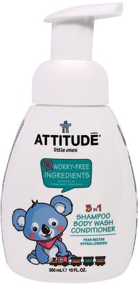 ATTITUDE, Little Ones, 3 in 1 Shampoo Body Wash Conditioner, Pear Nectar, 10 fl oz (300 ml) ,حمام، الجمال، يهتم الجسم، الشامبو، الأطفال الشامبو
