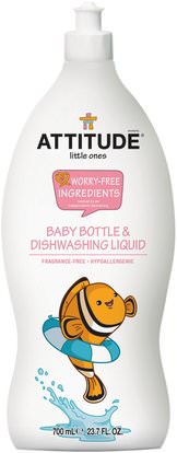 ATTITUDE, Little Ones, Baby Bottle & Dishwashing Liquid, Fragrance-Free, 23.7 fl oz (700 ml) ,المنزل، غسل الصحون، تغذية الطفل والتنظيف