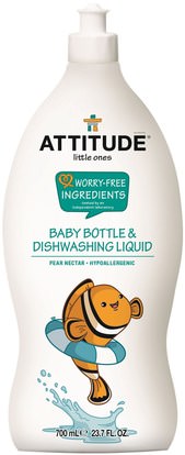 ATTITUDE, Little Ones, Baby Bottle & Dishwashing Liquid, Pear Nectar, 23.7 fl oz (700 ml) ,المنزل، غسل الصحون، الاطفال والطفل التنظيف