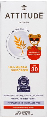 ATTITUDE, Little Ones, Sensitive Skin Care, Baby, 100% Mineral Sunscreen, SPF 30, Fragrance Free, 2.6 oz (75 g) ,حمام، الجمال، واقية من الشمس، والأطفال والطفل واقية من الشمس، موقف حساسية للعناية بالبشرة