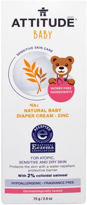 ATTITUDE, Sensitive Skin Care, Baby, Natural Baby Diaper Cream - Zinc, Fragrance Free, 2.6 oz (75 g) ,صحة الأطفال، حفاضات، كريمات حفاضات، موقف العناية بالبشرة الحساسة