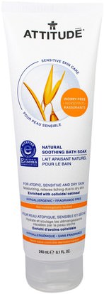 ATTITUDE, Sensitive Skin Care, Natural Soothing Bath Soak, Fragrance Free, 8.1 fl oz (240 ml) ,حمام، الجمال، العناية بالجسم، موقف حساس للعناية بالبشرة