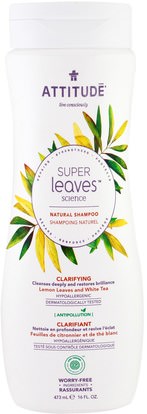ATTITUDE, Super Leaves Science, Natural Shampoo, Clarifying, Lemon Leaves and White Tea, 16 oz (473 ml) ,حمام، الجمال، الشعر، فروة الرأس، الشامبو، مكيف