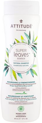 ATTITUDE, Super Leaves Science, Natural Shampoo, Nourishing & Strengthening, Grape Seed Oil & Olive Leaves, 16 oz (473 ml) ,حمام، الجمال، الشعر، فروة الرأس، الشامبو، مكيف