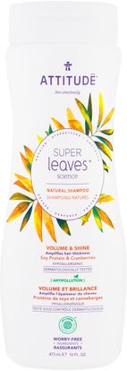 ATTITUDE, Super Leaves Science, Natural Shampoo, Volume & Shine, Soy Protein & Cranberries, 16 oz (473 ml) ,حمام، الجمال، الشعر، فروة الرأس، الشامبو، مكيف
