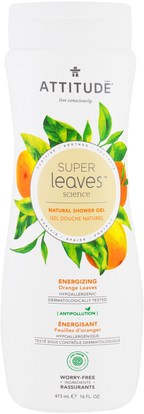 ATTITUDE, Super Leaves Science, Natural Shower Gel, Energizing, Orange Leaves, 16 oz (473 ml) ,حمام، الجمال، الشعر، فروة الرأس، الشامبو، مكيف