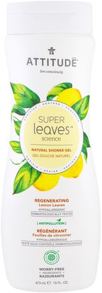 ATTITUDE, Super Leaves Science, Natural Shower Gel, Regenerating, Lemon Leaves, 16 oz (473 ml) ,حمام، الجمال، هلام الاستحمام