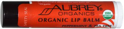 Aubrey Organics, Organic Lip Balm, Peppermint & Tea Tree.15 oz (4.25 g) ,حمام، الجمال، العناية الشفاه، بلسم الشفاه، الصحة، الجلد