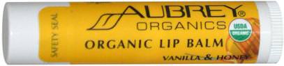 Aubrey Organics, Organic Lip Balm, Vanilla & Honey.15 oz (4.25 g) ,حمام، الجمال، العناية الشفاه، بلسم الشفاه، الصحة، الجلد