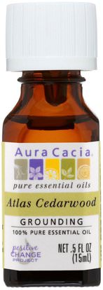 Aura Cacia, 100% Pure Essential Oil, Atlas Cedarwood.5 fl oz (15 ml) ,حمام، الجمال، الزيوت العطرية الزيوت، زيت خشب الأرز