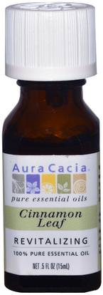 Aura Cacia, 100% Pure Essential Oil, Cinnamon Leaf, Revitalizing.5 fl oz (15 ml) ,حمام، الجمال، الزيوت العطرية الزيوت، زيت القرفة