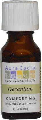 Aura Cacia, 100% Pure Essential Oil, Geranium.5 fl oz (15 ml) ,حمام، الجمال، الزيوت العطرية الزيوت، زيت إبرة الراعي