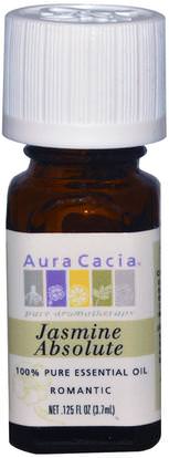 Aura Cacia, 100% Pure Essential Oil, Jasmine Absolute.125 fl oz (3.7 ml) ,حمام، الجمال، الزيوت العطرية الزيوت، زيت الياسمين