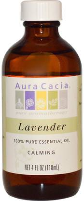 Aura Cacia, 100% Pure Essential Oil, Lavender, 4 fl oz (118 ml) ,حمام، الجمال، الزيوت العطرية الزيوت، زيت الخزامى