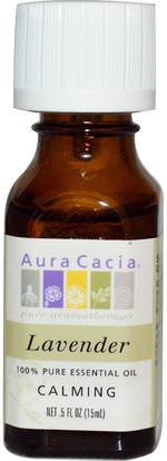 Aura Cacia, 100% Pure Essential Oil, Lavender.5 fl oz (15 ml) ,حمام، الجمال، الزيوت العطرية الزيوت، زيت الخزامى