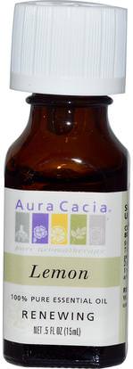 Aura Cacia, 100% Pure Essential Oil, Lemon.5 fl oz (15 ml) ,حمام، الجمال، الروائح الزيوت الأساسية، زيت الليمون