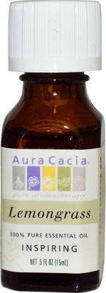 Aura Cacia, 100% Pure Essential Oil, Lemongrass, Inspiring.5 fl oz (15 ml) ,حمام، الجمال، الزيوت العطرية الزيوت، زيت الليمون
